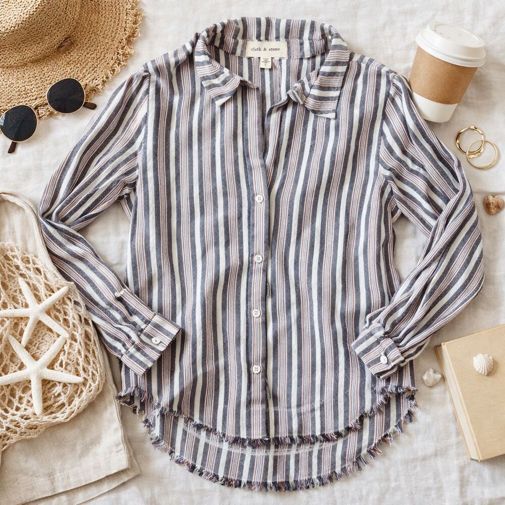 Cloth & Stone Striped Button Down Boho Linen-Look Top High-Low Hem S
